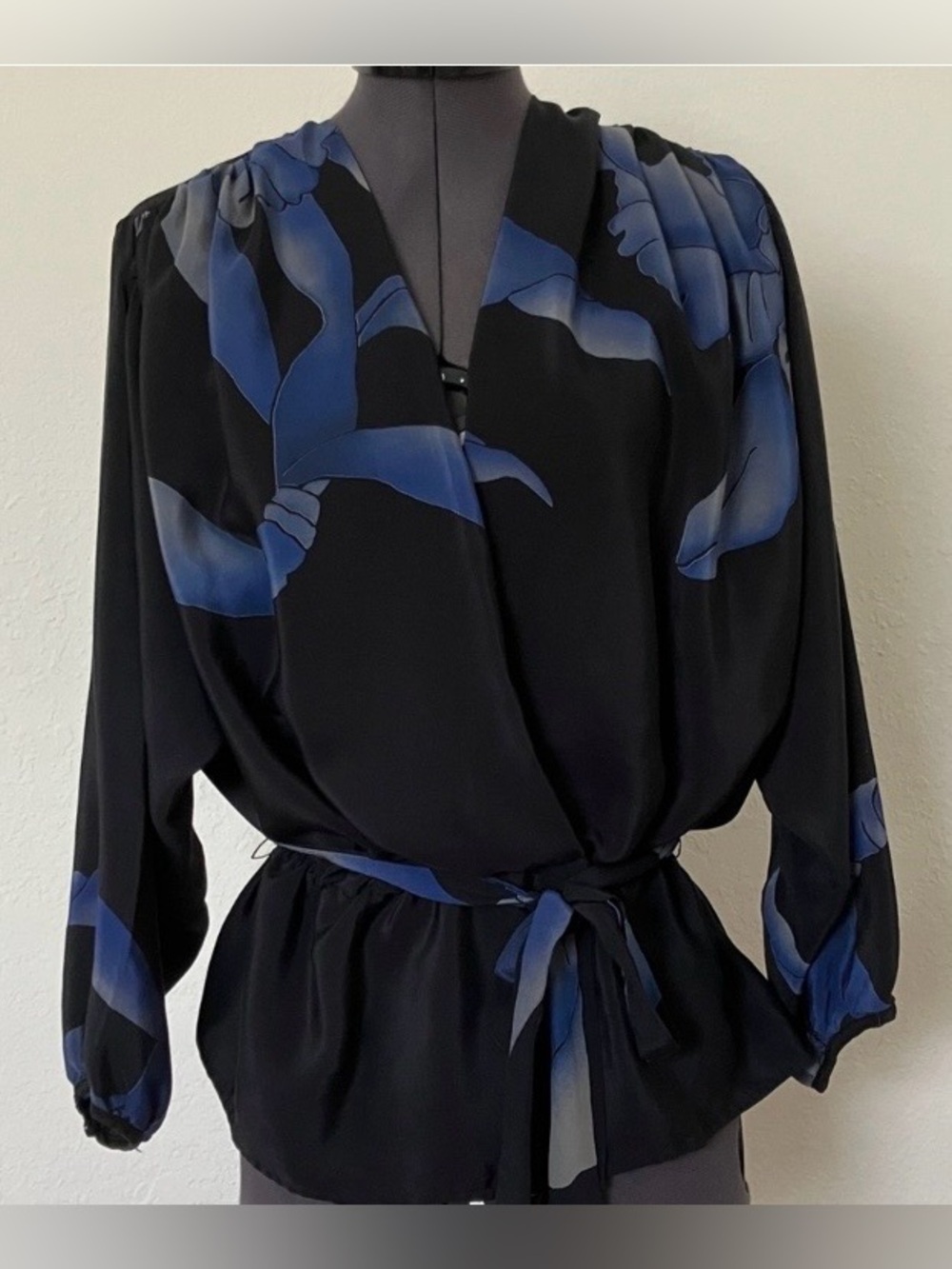 RA MONA LA RUE SILK Black Wrap Blouse with Blue Floral Accents. Sz S